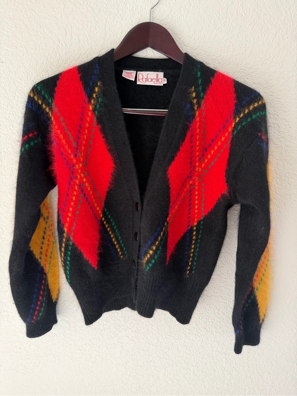 Vintage 80s Rafaella Angora Lambswool Argyle Cardigan Sweater - Small